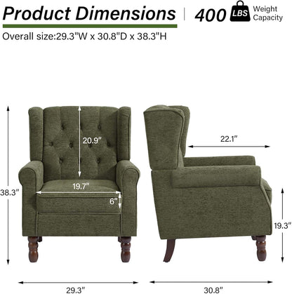 Accent Chair, Upholstered Armchair with Button Tufted High Back & Solid Wood Legs, Comfy Wingback Reading Single Sofa Chair for Small Spaces, Living Room, Bedroom (Green, Set of 1)
