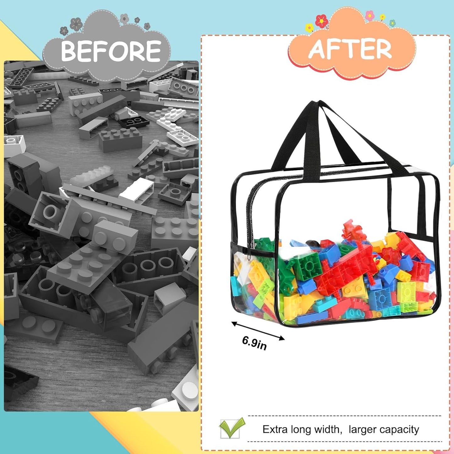 6 Packs Widen X-Large Toy Storage Bags 12.6×9.25×6.9In with Labels, Reusable Clear PVC Board Game Storage, Travel Waterproof Organizer Bags with Zipper for Building Blocks, Puzzle, Stuffed Animals