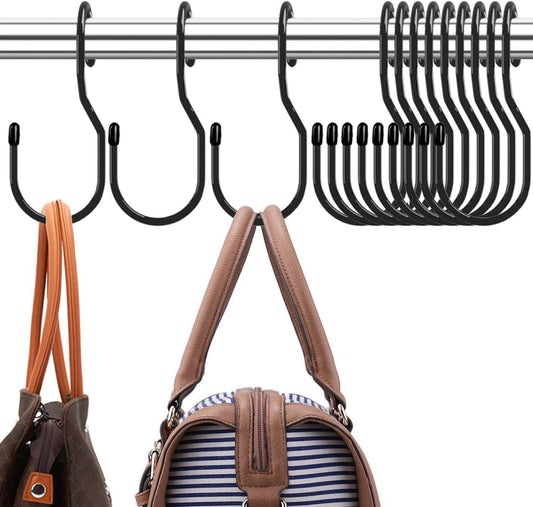 Purse Hanger for Closet, Unique Twist Design Bag Hanger Purse Hooks, 5 inch Large Size Closet Rod Hooks for Hanging Bags, Purses, Handbags, Belts, Scarves, Hats,Clothes, Pans and Pots (12 Pack Black)