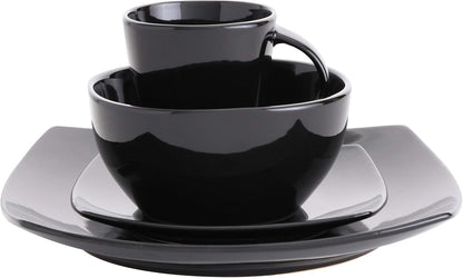 Gibson Elite Soho Lounge Square Reactive Glaze Stoneware Dinnerware Set, Service for 4 (16pc), Black