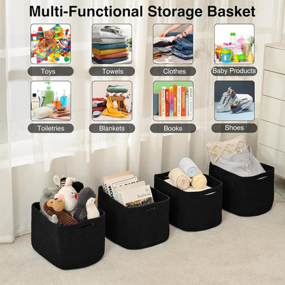 Storage Baskets for Organizing & Shelves, Woven Cotton Rope Organization Bins for Dog Toys, Clothes, Books, Nursery Organizer, 15" Lx11''Wx9.5''H, (4 Packs) Black
