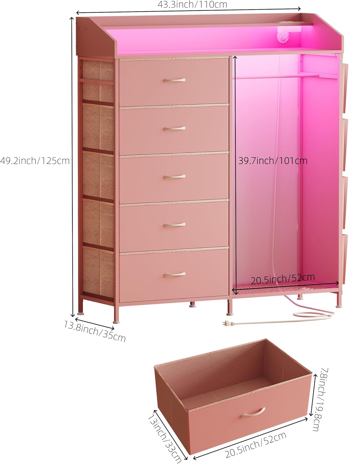 LUMTOK 2-in-1 Dresser with Hanging Racks,5 Fabric Drawers Dressers with LED Lights, Charging Station for Bedroom Living Room, Entryway, Closets (Pink)