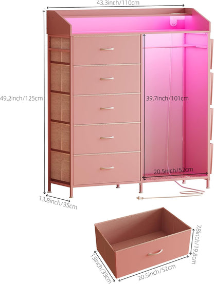 LUMTOK 2-in-1 Dresser with Hanging Racks,5 Fabric Drawers Dressers with LED Lights, Charging Station for Bedroom Living Room, Entryway, Closets (Pink)