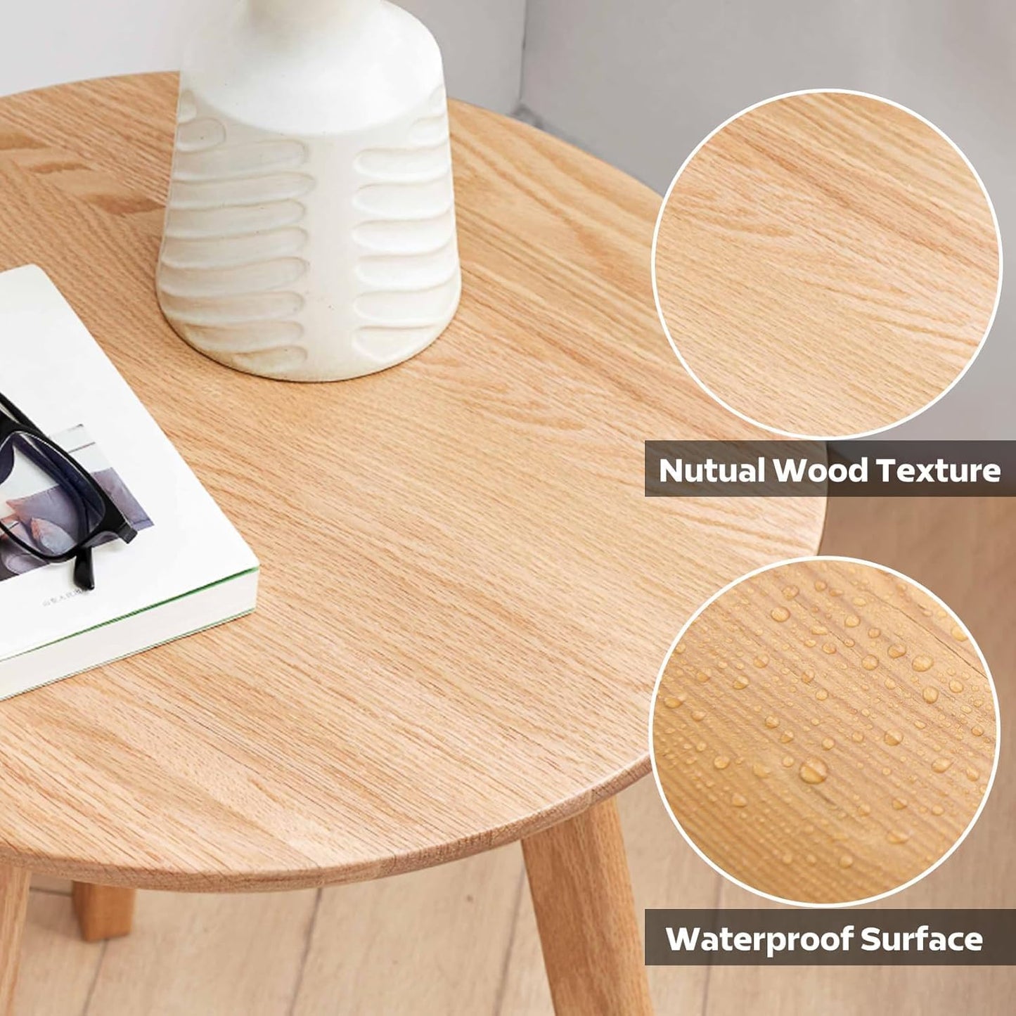 100% Solid Oak Round Side Table, Small Bedside Table for Small Spaces, Living Room End Table with Stable Frame for Bedroom Couch, (Natural, 17.71" D x 19.68" H)