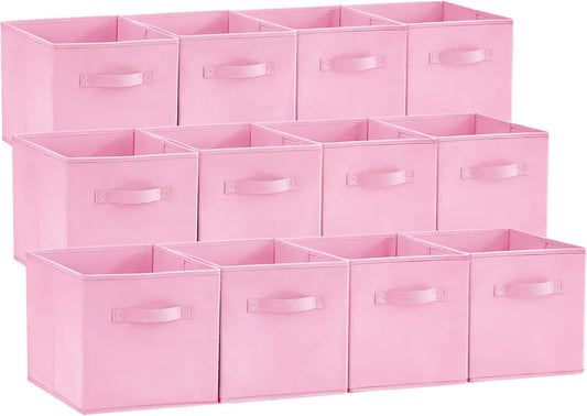Lifewit 12 Packs Storage Cubes, 11 Inch Cube Storage Bins, Foldable Decorative Fabric Storage Baskets for Organizing Home Organizers with Handles for Shelves, Closet,Pink