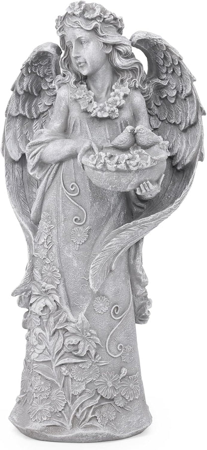 Outdoor Statues Angel Décor Garden Statue- 23.5" H Angel Statue,Resin Angel with Bird Figurine, Ideal for Yard, Patio, Deck, Home Entryway, and Hallway（Grey）