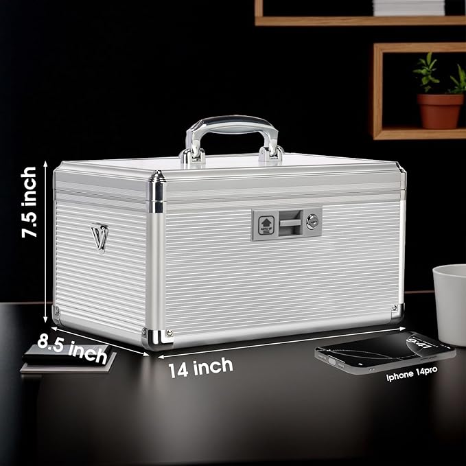Medicine Lock Box with Key, Alluminum Alloy Box for Medication,First Aid Box with a Removeable Tray to Store Medicines & Pills for Home, Silver 14 * 8.46 * 7.48 Inch