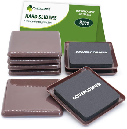 Furniture Sliders for Carpet 8 PCS - 3 1/2 inch Furniture Moving Slider Chair Legs Floors Protectors Square Furniture Movers Sliders – Move Your Furniture Easy & Safely(for Carpet)-Brown