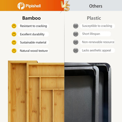 Pipishell Bamboo Silverware Organizer, Expandable Cutlery Tray, Utensil Drawer Organizer in Kitchen for Spoons Forks Knives, Multipurpose Use, Natural, Large