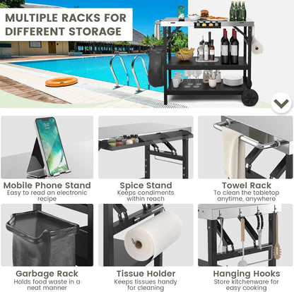 ERGOMASTER Grill Table Cart, Outdoor Kitchen Island with 4-Position Adjustable Shelf, Stainless Steel Serving Cart for Patio Garden