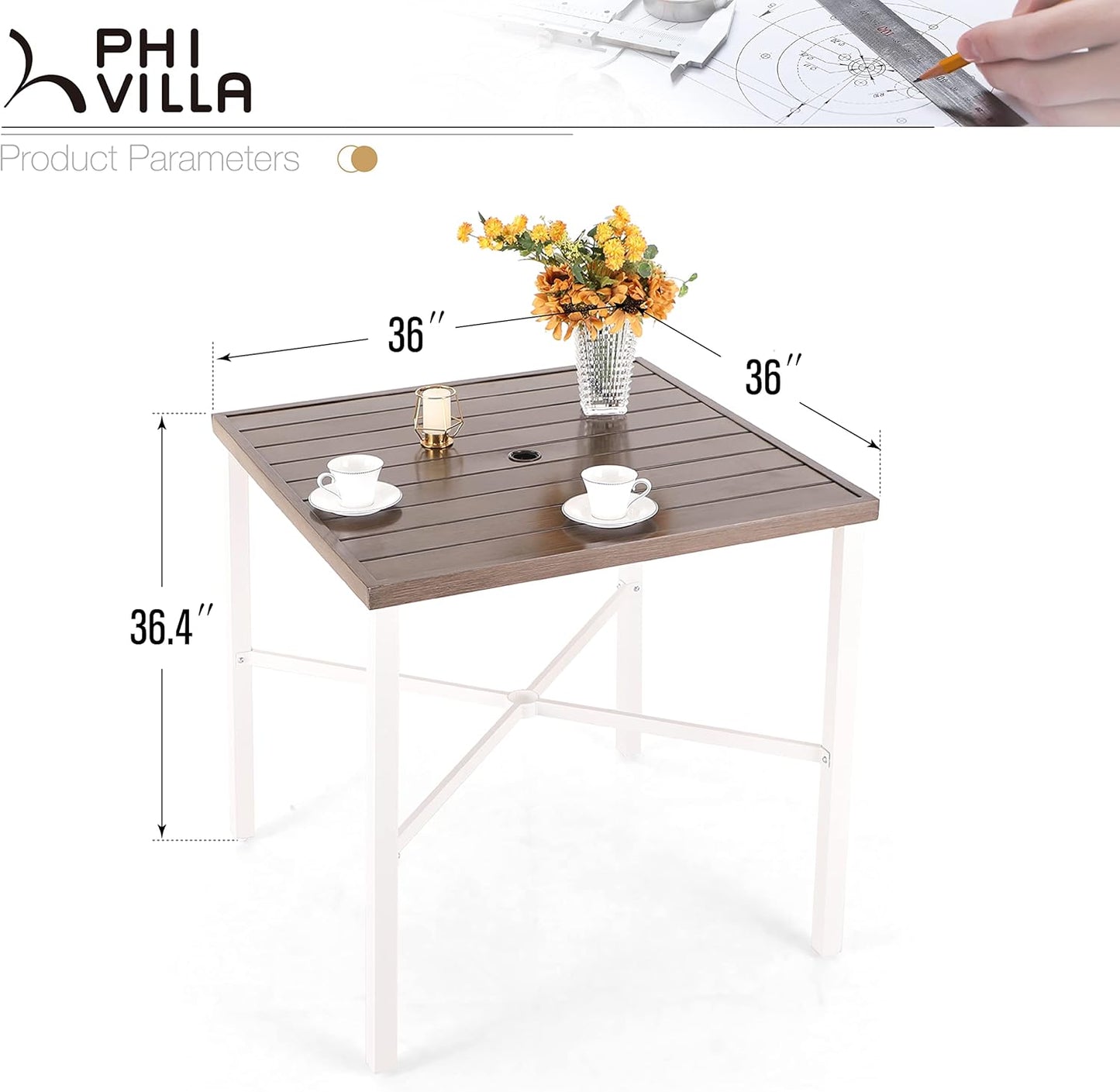PHI VILLA Outdoor Bar Table, High Patio Table with Umbrella Hole, White Legs, Metal Frame, Sturdy & Durable for Outdoor & Indoor
