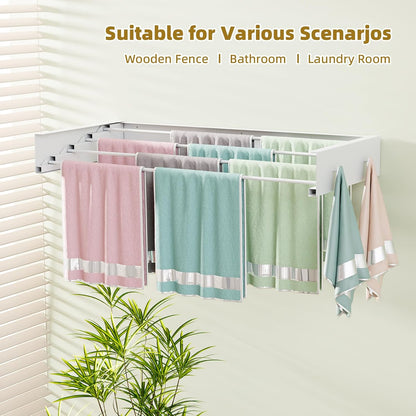 Wall Mounted Drying Rack for Laundry 23.6'', Foldable Laundry Drying Rack Clothing Wall Mount with 4 Towel Hooks and 4 Rods, Space Saving for Indoor Outdoor Bathroom Balcony (White, 23.6'')