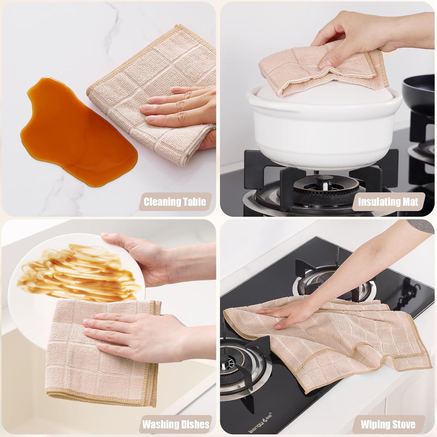 Homaxy Microfiber Kitchen Towels and Dishcloths Set, 16 Pack Soft and Absorbent Dish Hand Towels Bulk, 28 x 16 Inch & 12 x 12 Inch Quick Drying Rags for Washing Dishes, Beige