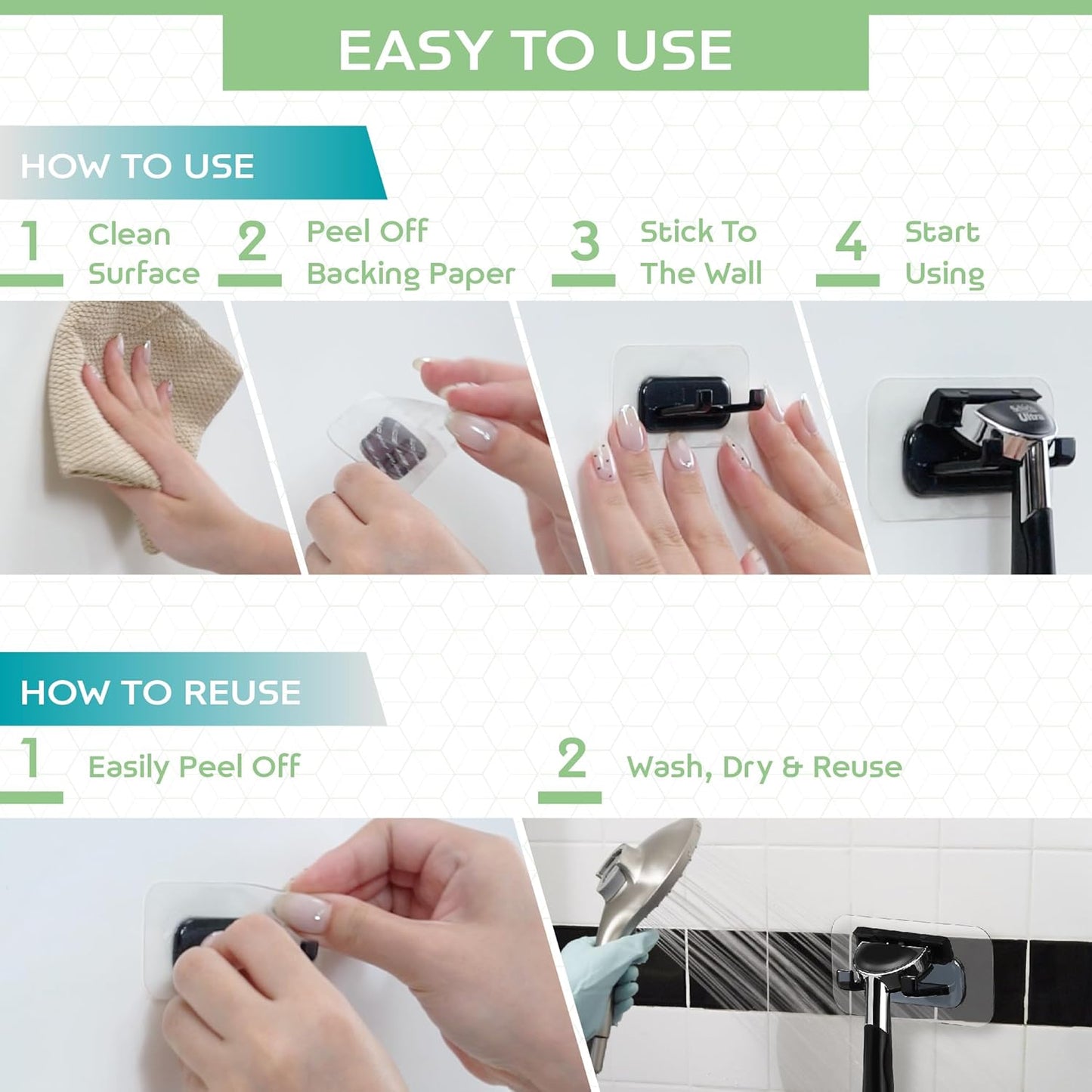 Hook LAB Self-Adhesive Shower Razor Holder, 2-Pack, Removable & Reusable Waterproof Hooks, for Towels, Bath Accessories, Kitchen & Bathroom Use - White