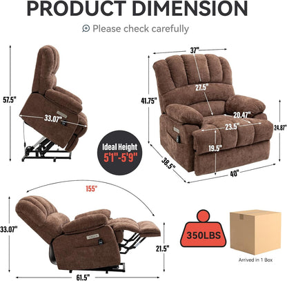 Large Power Lift Recliner Chair with Massage and Heat for Elderly, Ergonomic Backrest, Infinite Adjust, 2 Side Pockets,USB and Type-C Ports, Chenille Brown