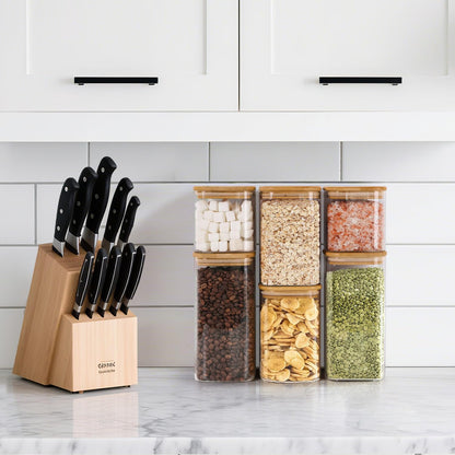 ComSaf Airtight Glass Storage Canister with Lids (0.7Qt/1.2Qt/1.6Qt) Set of 6, Food Storage Container Kitchen Pantry Storage Jar, Glass Jars for Flour Cereal Sugar Tea Coffee Beans Snacks, Square