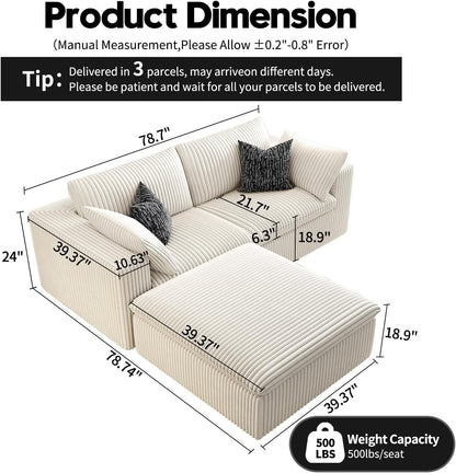 LoveSeat Cloud Couch Modular Sectional Sofa for Living Room,Modern Sofa with Deep Seat，2 Seater Boneless Couch with Ottoman,Comfy Upholstered Couches for Apartment, Studio, Office,Bedroom，White