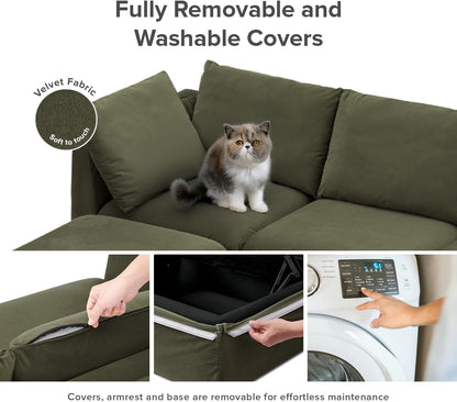 mopio Oversized Modular Sectional Sofa with Fully Removable Covers and Storage, Convertible U, L-Shaped and Sleeper Sectional, Modern Couches with Ottoman Chaise (Olive Green Velvet, 6 Seats, U)