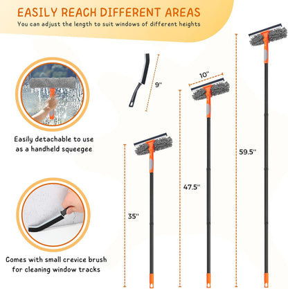 Window Cleaner Tool for Home, 59.5'' Squeegee Kit for Car Windshield, Shower Door, Mirror Cleaning, 2 in 1 Outdoor Glass Washer with Extension Pole
