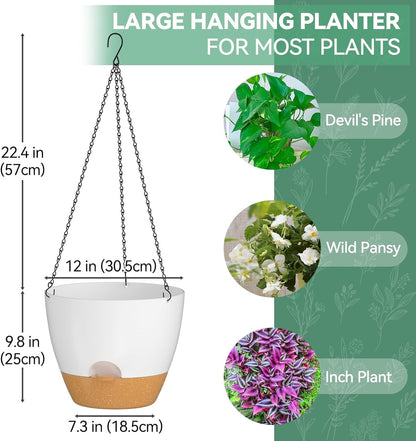 ZMTECH 12 Inch Hanging Planters for Indoor Outdoor Plants, 1 Pack Self Watering Hanging Plant Pots with Drainage Holes and Removable Saucer, Plastic Flower Hanging Pots with Watering Lip (White)