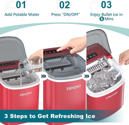 EUHOMY Countertop Ice Maker Machine with Handle, 26lbs Per Day, 9 Ice Cubes Ready in 6 Mins, Auto-Cleaning Portable Ice Maker with Basket and Scoop, for Home/Kitchen/Camping/RV (Red)