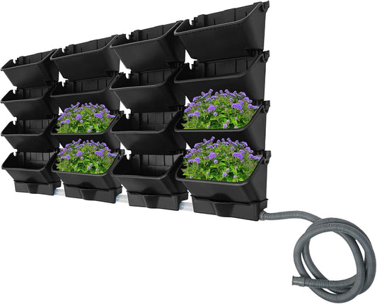 20Pack Vertical Wall Planter, 13 inch Wall Mounted Garden Planters, Stackable Wall Hanging Planter, Plastic Flower Pot with 4 Drainage Tray & 6.56FT Drainage Pipe for Indoor and Outdoor (Black)