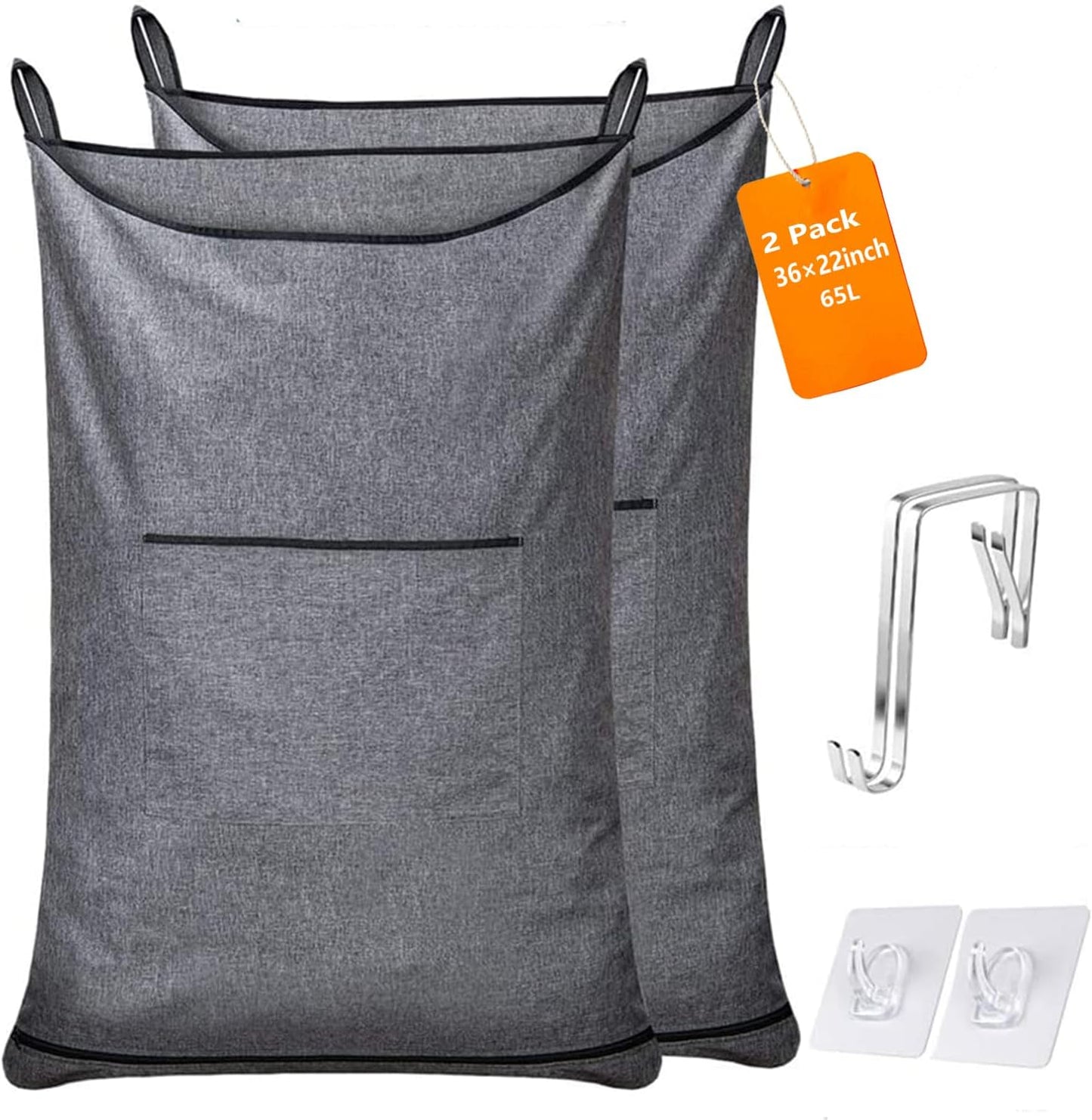 XL Hanging Hamper, Over The Door Hamper with Free Hanging Hooks, Space Saving Over Door Laundry Bag and Laundry Basket for Storage, 2 Pack, (36x22Inch Pop Heather Grey)