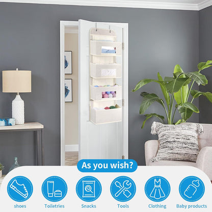 MAX Houser 4-Shelf Over The Door Hanging Organizer with 2 Metal Hooks, 4 Pocket Swing-Proof Behind Door Organizers with Clear Windows for Nursery Bathroom Closet,Dorm,Baby Diapers, Kids Toys (Beige)