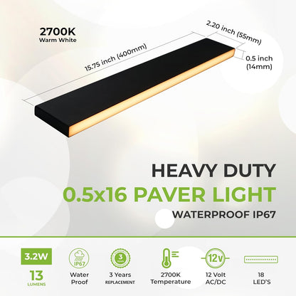 LUMENGY Paver Light Slim 0.5x16 Inch Glare-Free 2700K Warm White, Steel Brick Lighting for Pavers, Walls, Driveway & Pathway Borders, Waterproof IP67, 12V AC/DC Drive-Over Rated