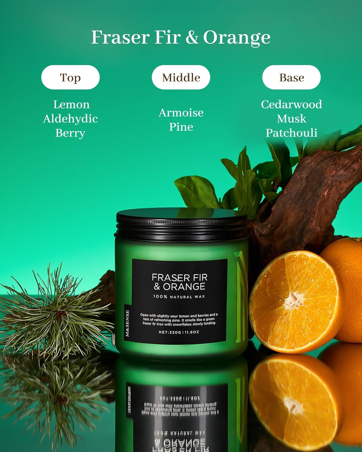 M&SENSE Fir & Orange Scented Candle, 11.6oz Soy Wax Non Toxic for Home Up to 70 Hours, 2 Cotton Wick Christmas Tree Scent Holiday Aromatherapy Candle for Relaxation