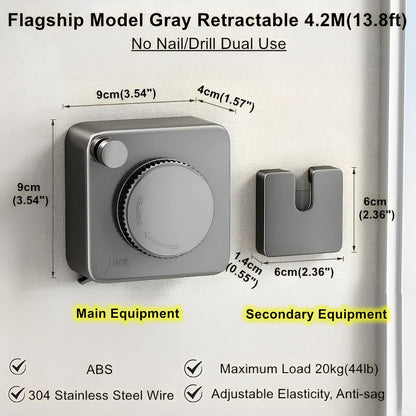 13.8ft(4.2M) Retractable Clothesline, Non-sag Clothesline, Indoor & Outdoor Heavy Duty Retractable Clothesline, Wall Mounted Stainless Steel Washing Line (Gray)
