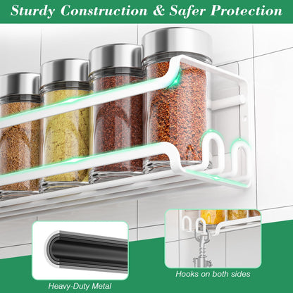LUCYCAZ 8 Pack Wall Mounted Spice Rack with 16 Hooks, Spice Organizer Shelf for Stove Cabinet Pantry Door,Screw or Adhesive Spice Shelf Hanging Wall Spice Rack in Kitchen and RV (White, 8 PACK)