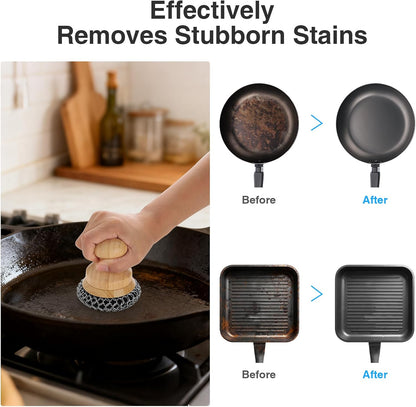 Cast Iron Scrubber and Scraper,Chain Mail Cleaner with Bamboo Handle & Draining Tray,316 Stainless Steel Brush for Cleaning Pots,Pans,Wok,Bakeware,Griddles, Grills,Dishes (Large Chain Mail)