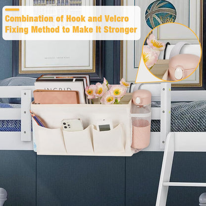 Bedside Caddy Organizer with Fixed Straps and Water Bottle Holder for Home, College Dorm, Hospital, Crib and Bunk Bed (2pcs White)