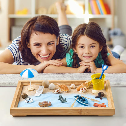 Zen Garden Kit for Desk - Premium Beautiful Japanese Mini Beach Zen Sand Garden Box Decor Set for Home, Office with Bamboo Tray, Sand, Tools, Shark, Ship - Desktop Meditation, Accessories Zen Gifts