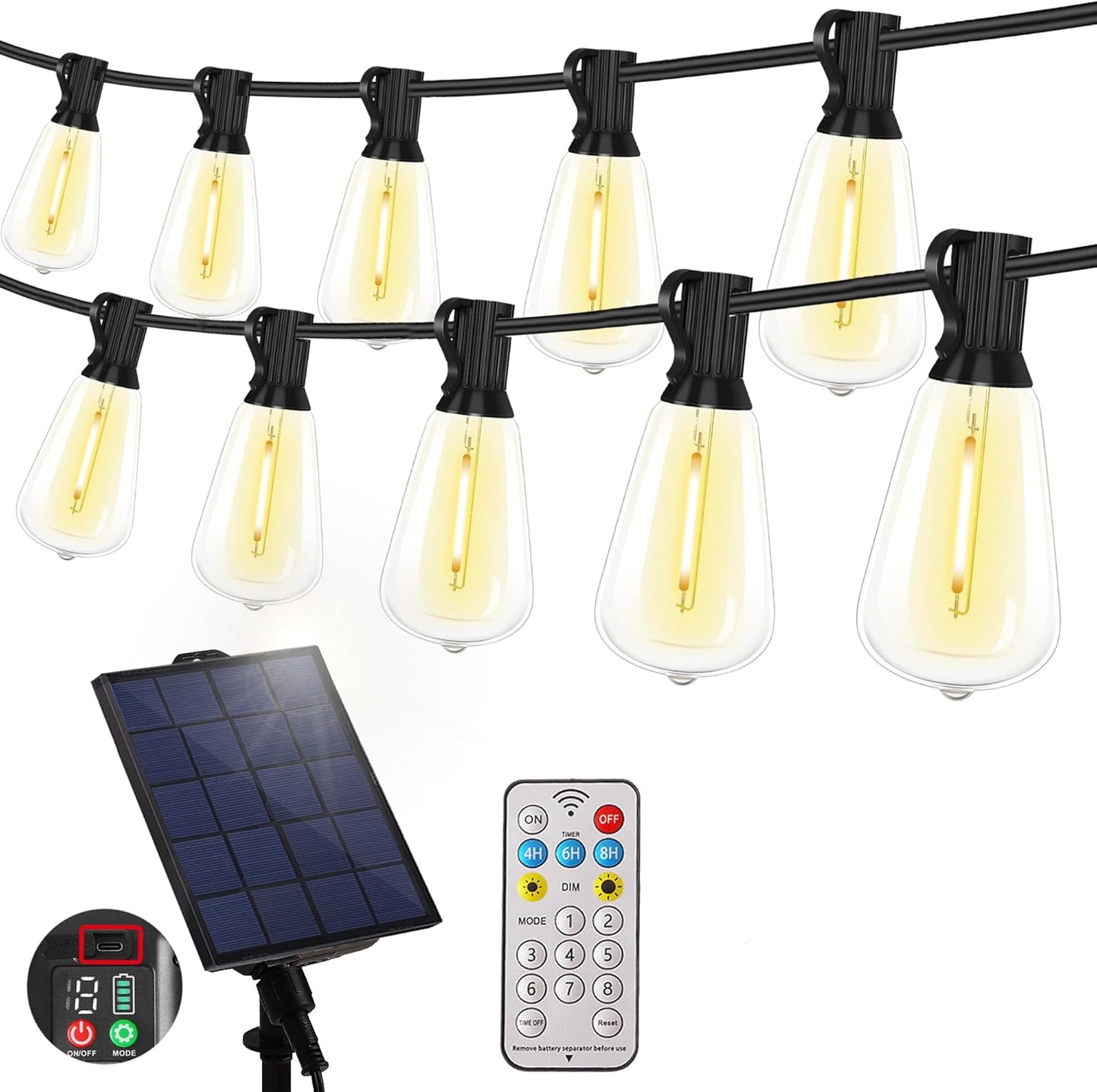 Solar Powered Warm White LED Outdoor String Light with Remote Control, Shatterproof Light Bulbs for Backyard Garden Patio Pergola Gazebo Bistro Bedroom Christmas Wedding Party (20+2 Bulbs)