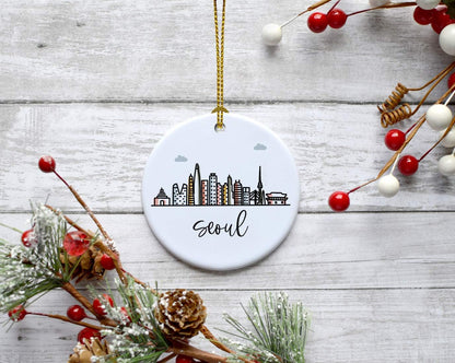 Andaz Press Round Ceramic Porcelain Christmas Tree Ornament Keepsake Gift, Seoul, Colorful International City Skyline Graphic, 1-Pack, Birthday Ideas Family Coworker Him Her, Gift Box