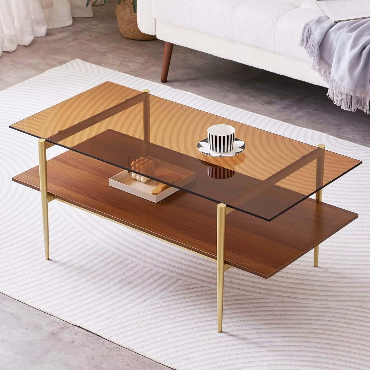 Rectangle Coffee Table, Mid-Century Modern Design, L41 W21 x H17, for Living Room, 2-Tier Structure, Amber Glass Top and Walnut MDF Shelf, Sleek Conical Metal Legs with Gold Finish