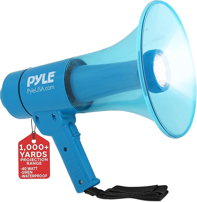 Pyle 40W Megaphone Bullhorn Speaker, Rechargeable Battery with Siren, LED Lights, Adjustable Volume, and 1000+ Yard Projection Range, Waterproof IP-X5, Ideal for Crowd Control & Indoor/Outdoor Events