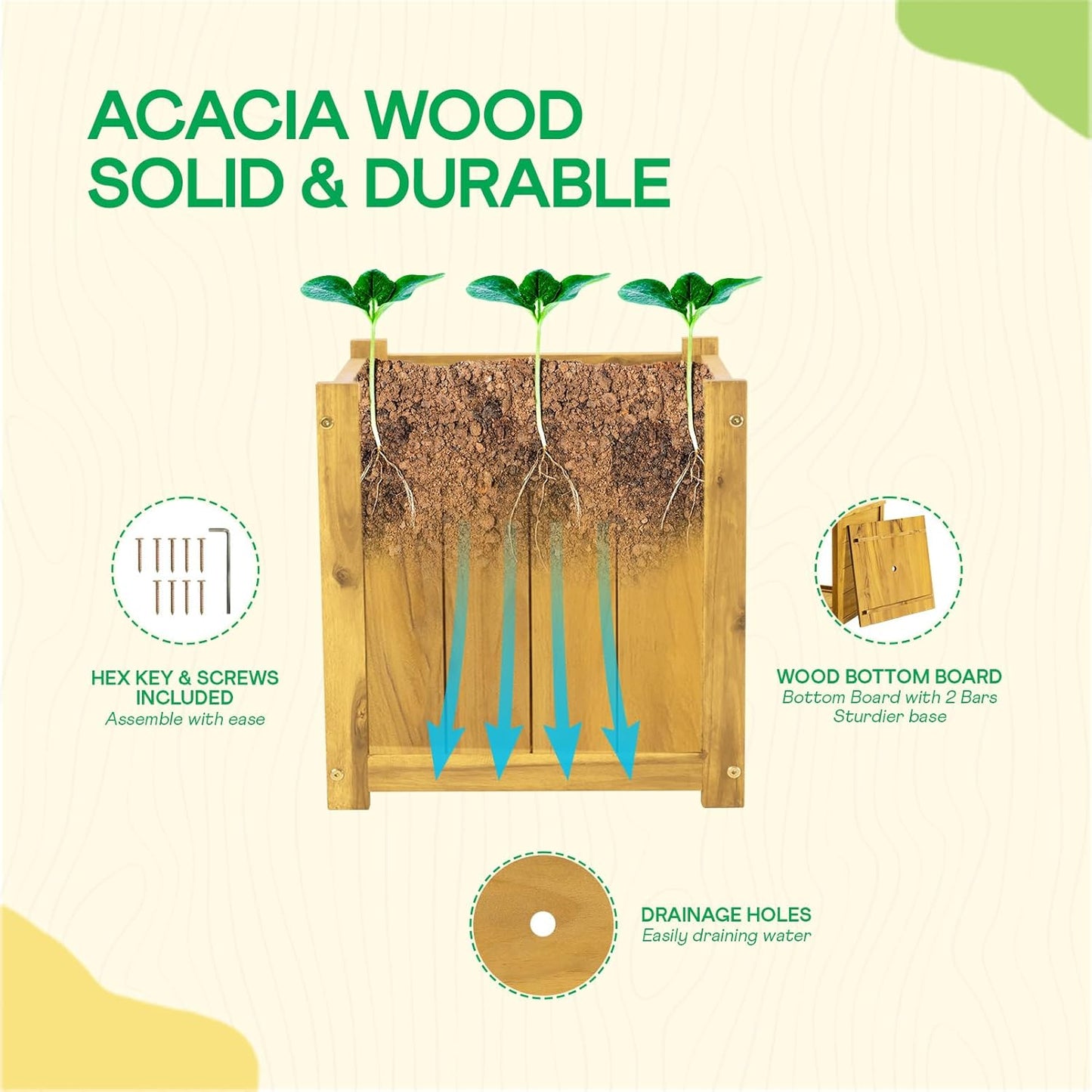 IDZO Set of 2 Acacia Wood Flower Planters for Outdoor Plants, Ergonomic Handles, Drainage Holes, Various Sizes, Ideal for Home Décor, Golden Teak