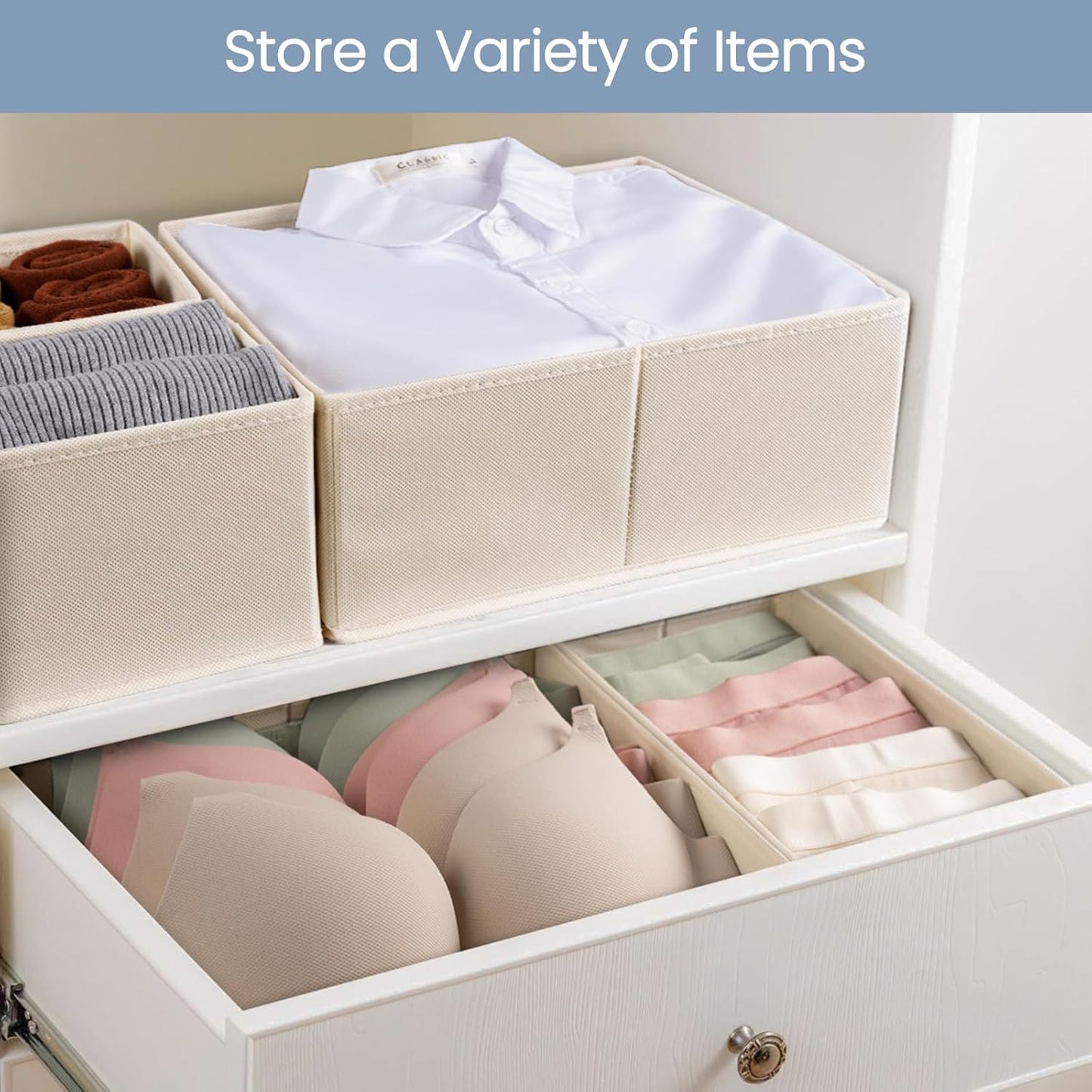 Criusia Drawer Organizer Clothes, 24 Pack Underwear Drawer Organizers, Foldable Closet Organizers and Storage Dresser Drawer Dividers Clothing Organizer for Clothes, Socks, Scarves, Bra, Ties (Beige)