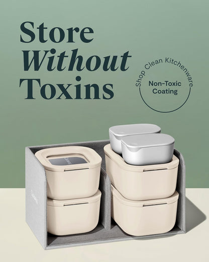 Caraway Mini Food Storage 11pc Set - Glass Storage Containers for Food - Non-Toxic Ceramic-Coated Glass - Air Release Technology - Compact & Stackable Design - Cream