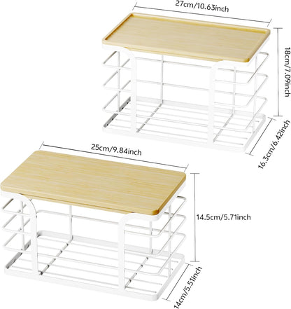 2 Pack Stackable Storage Kitchen Laundry Pantry Organizers,Trash Bag Holder Wall Mount,Garbage Bag Dispenser with Bamboo Top,White Large and Small