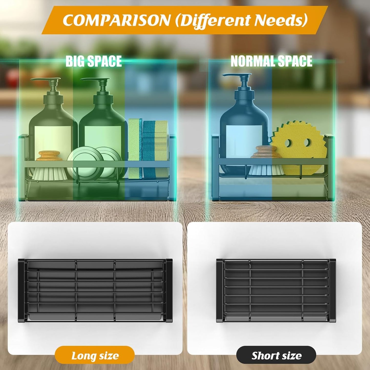 Sponge Holder for Kitchen Sink,Stainless Steel Kitchen Sink Organizer with Auto Draining Tray,Kitchen Countertop Soap Dispenser Organizer,Black