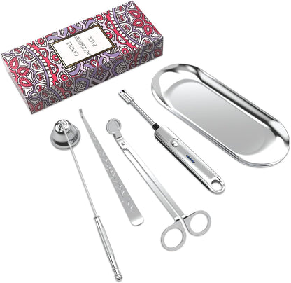 Lsnisni 5Pcs Candle Accessory Set With Rechargeable Electric Lighter, Storage Tray, Wick Trimmer, Snuffer, Dipper - Stainless Steel Care Kit With Gift Package for Candle Lovers - Silver