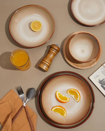 16 Piece Double Bowl Plates and Bowls Sets, Ceramic Dinnerware Sets with Pasta Bowls, Dishwasher & Microwave Safe Dish Set, Scratch Resistant Stoneware Plate Set, Service for 4 Brown Yellow