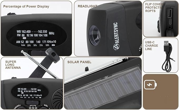 Solar Hand Crank Radio, 6000mAh Portable Emergency FM AM WB Weather Radio with LED Flashlight for Home Outdoor (Black)