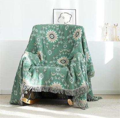 MSGKV Green Boho Throw Blanket for Bed Couch,100% Cotton Mexican Picnic Blankets Travel Blanket 80''x 90'', Super Soft Lightweight Muslin Blanket for Bedroom Living Room Boho Decor