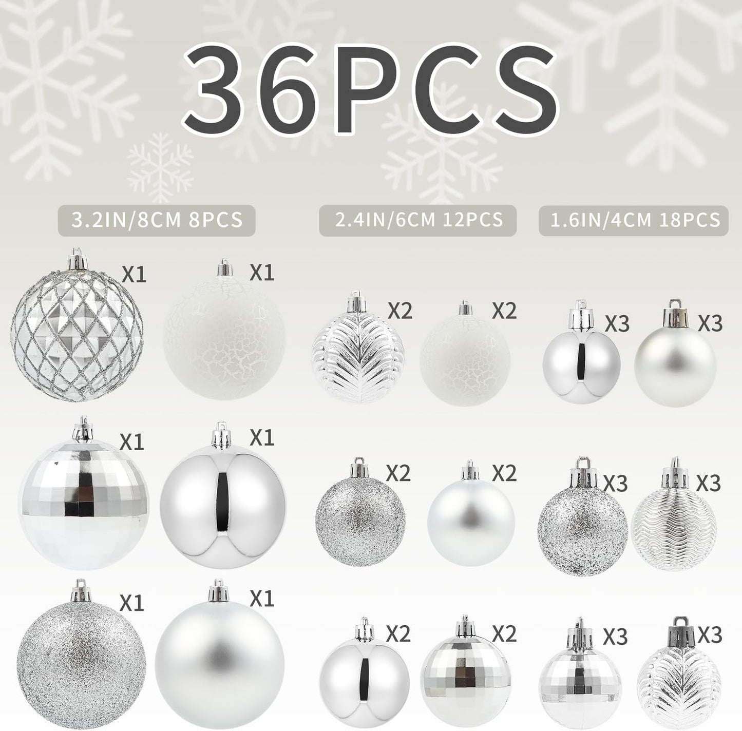 LANGXUN 36pcs Silver Christmas Tree Decorations Balls, Bolas De Navidad, 2025 Christmas Decor, Indoor Outdoor Shatterproof Christmas Ornaments, Xmars Party Wedding Suppiles