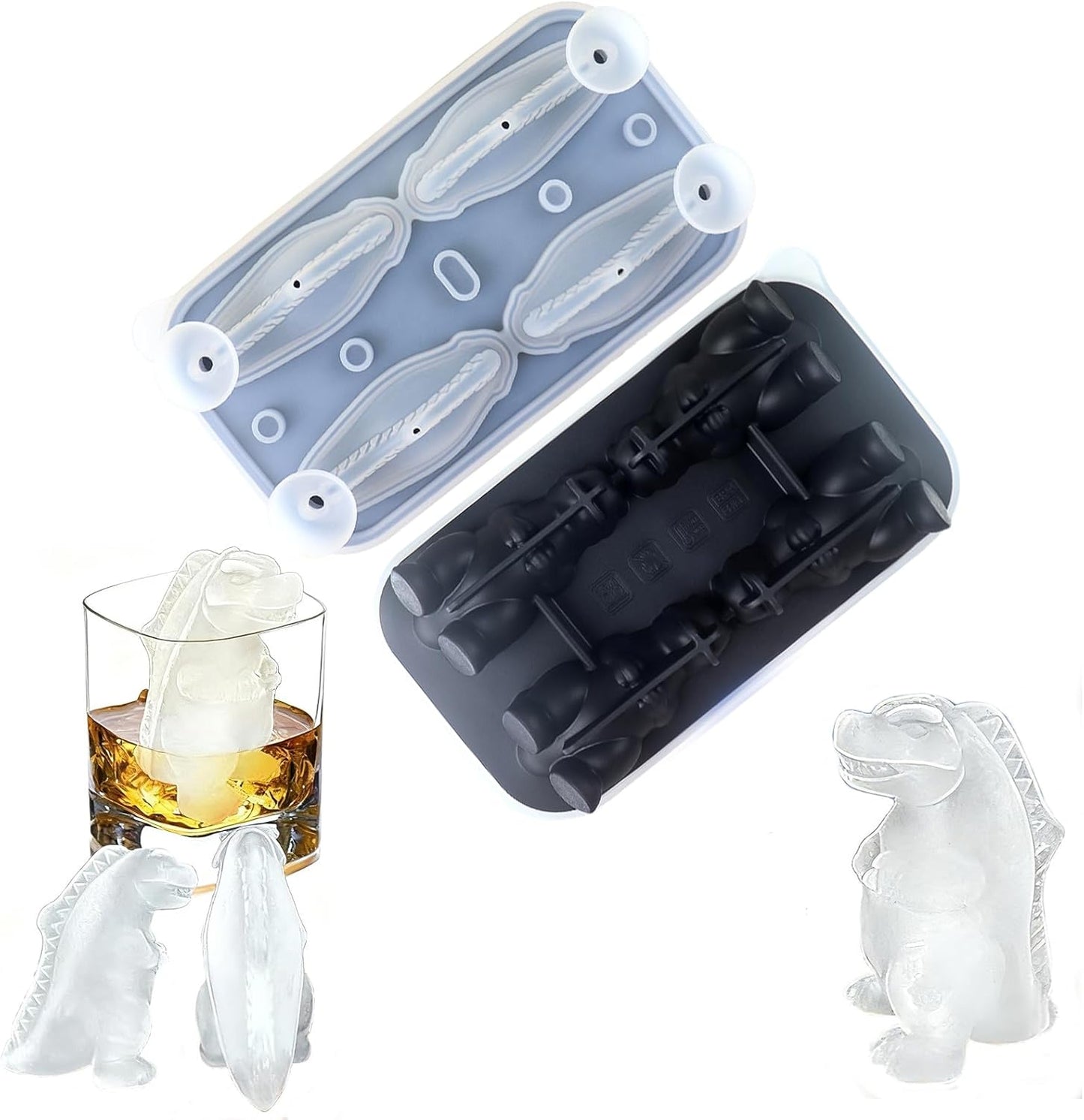 7.48inch Newly Upgraded 4-grid 3D Dinosaur Ice Tray and Covered Silicone Ice Tray, Suitable for Bars, Outdoor and Home Use(1, black)